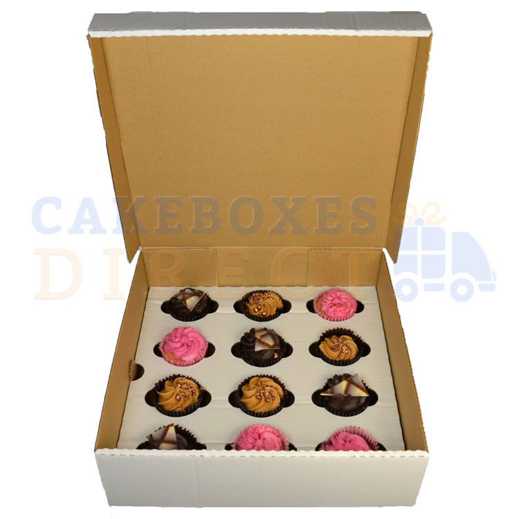 100 X 12 Cupcake Corr White Extra Deep Box with 6cm Div FREE NEXT DAY DELIVERY 