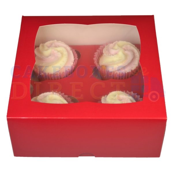 4 Premium Red Cupcake Window Box with 6cm Divider